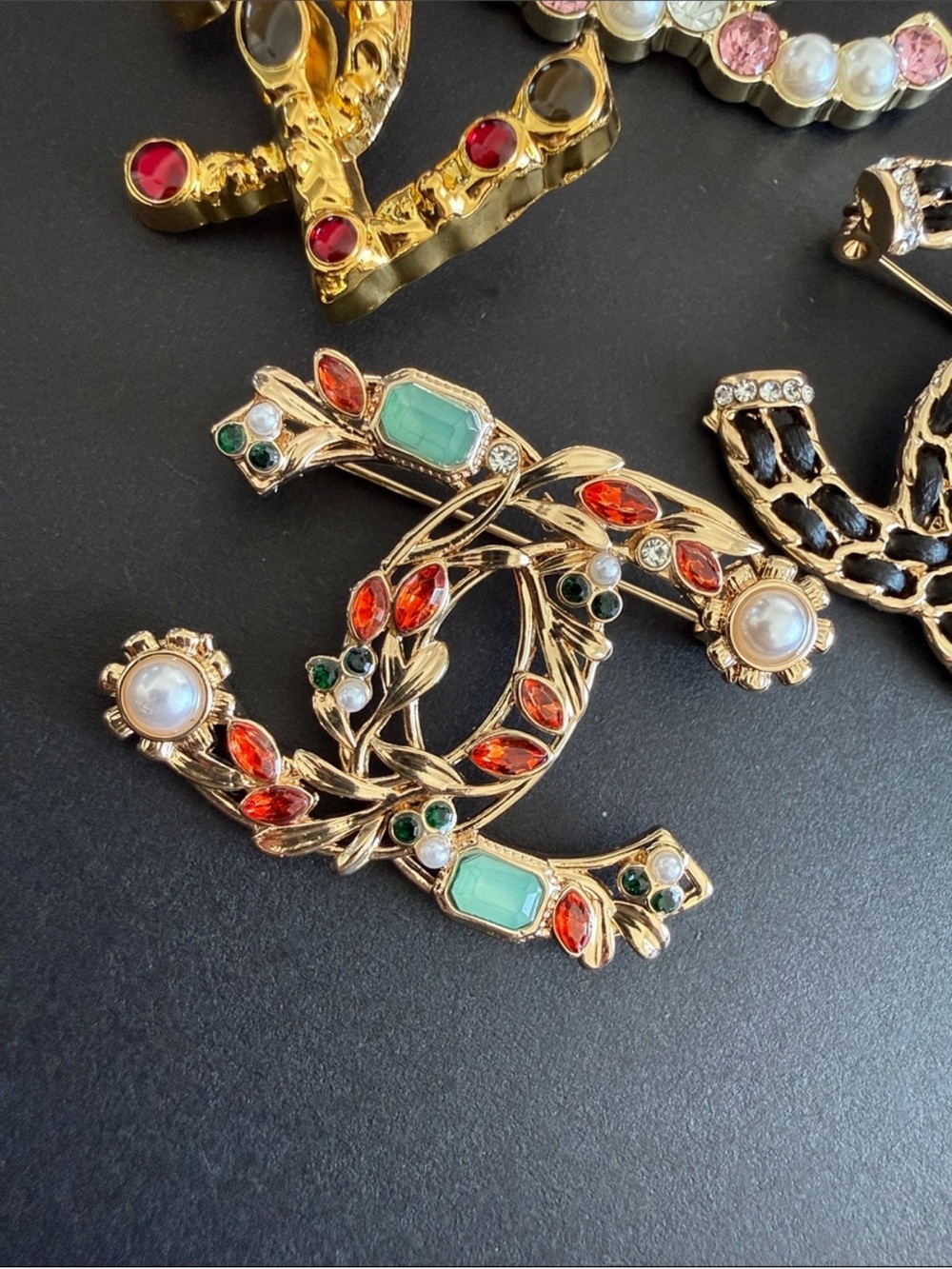 Gold-Tone Floral Brooch with Red, Green and Aqua Accents